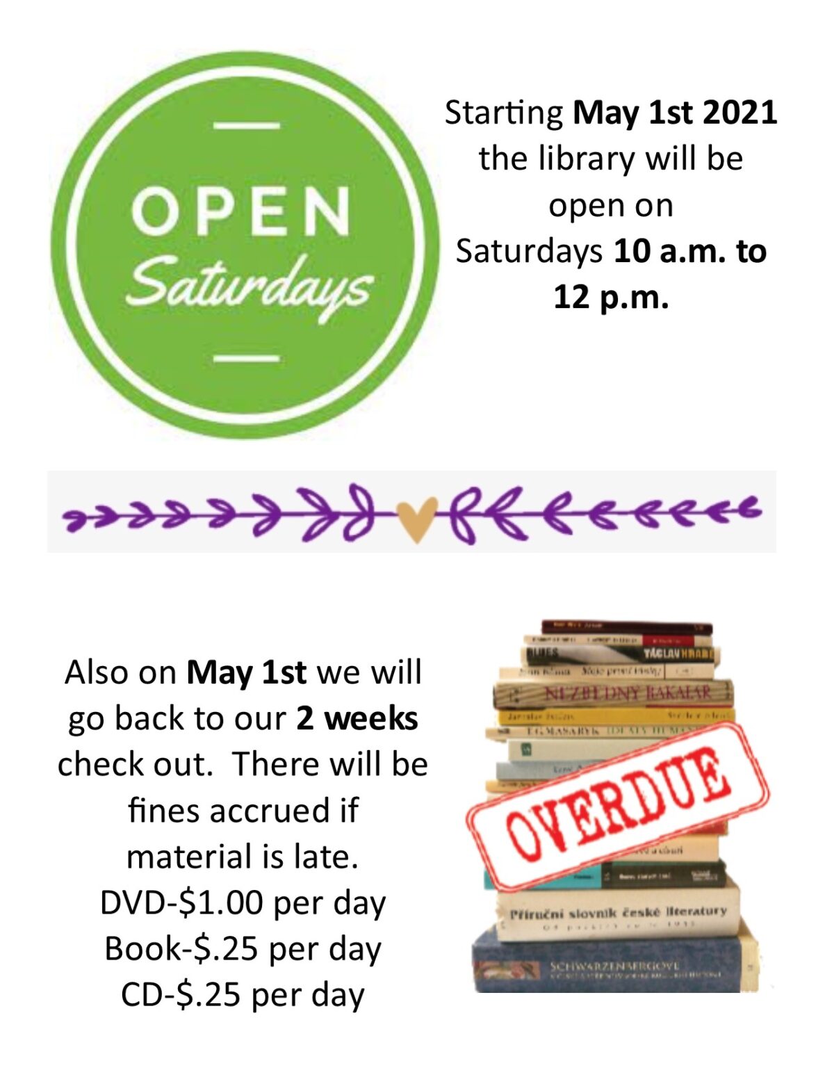 Open Saturdays Starting May 1st 2021 – Kearny County Library